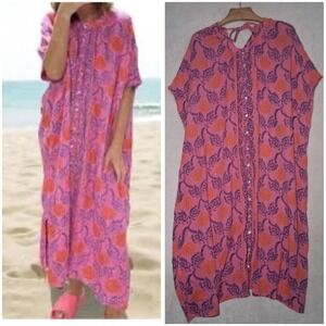 Anthropologie Pink Kaftan Maxi Lounge Dress Oversized Size S/M Gauzy Boho Beachy